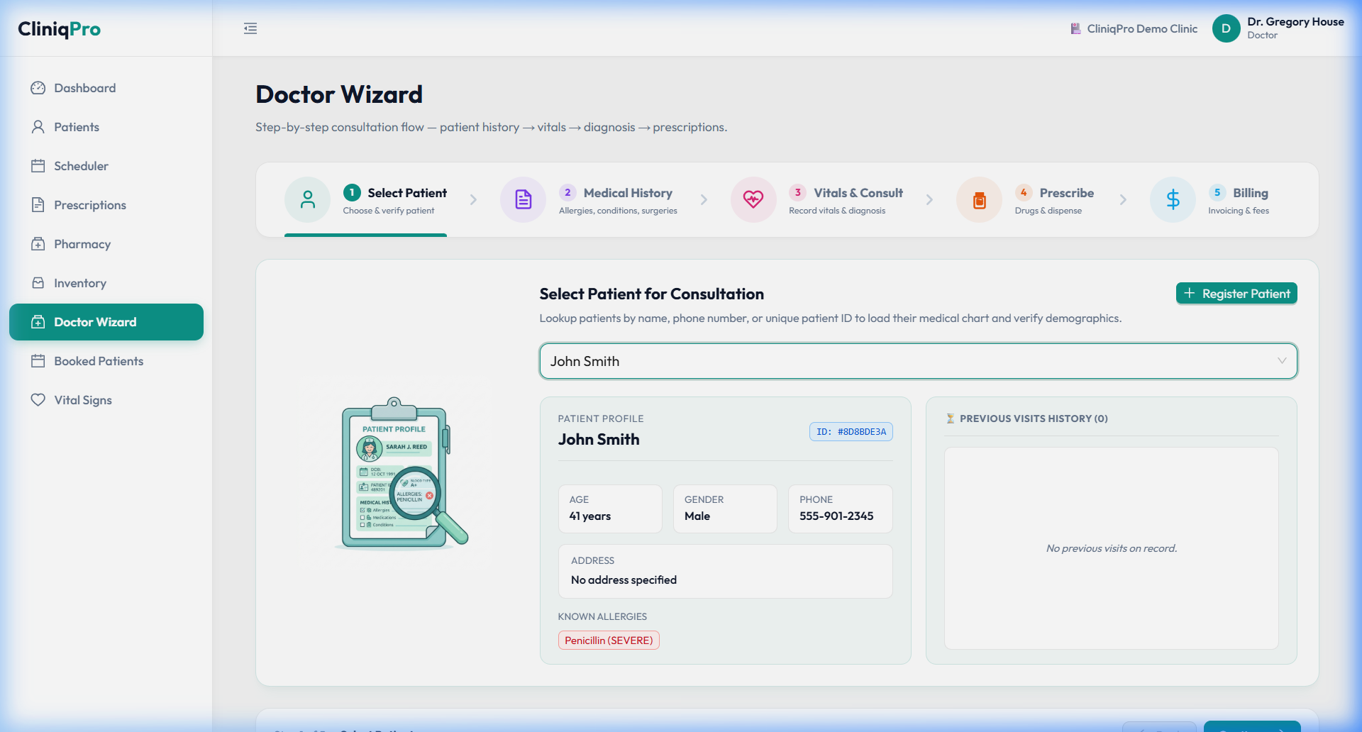 CliniqPro Patient Profile Search Screenshot