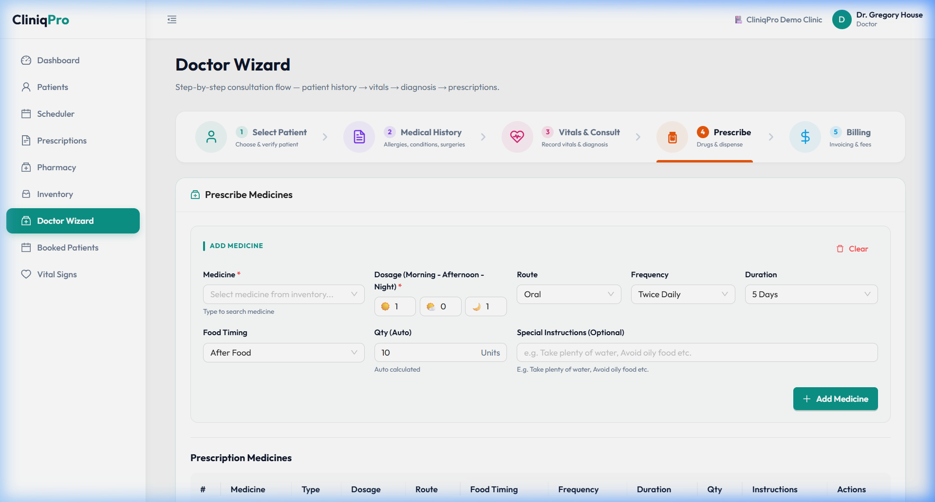 CliniqPro Smart E-Prescription Desk Screenshot